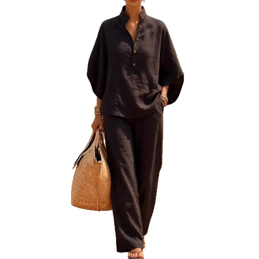Solid Linen Blend Button Top Wide Leg Pant Set