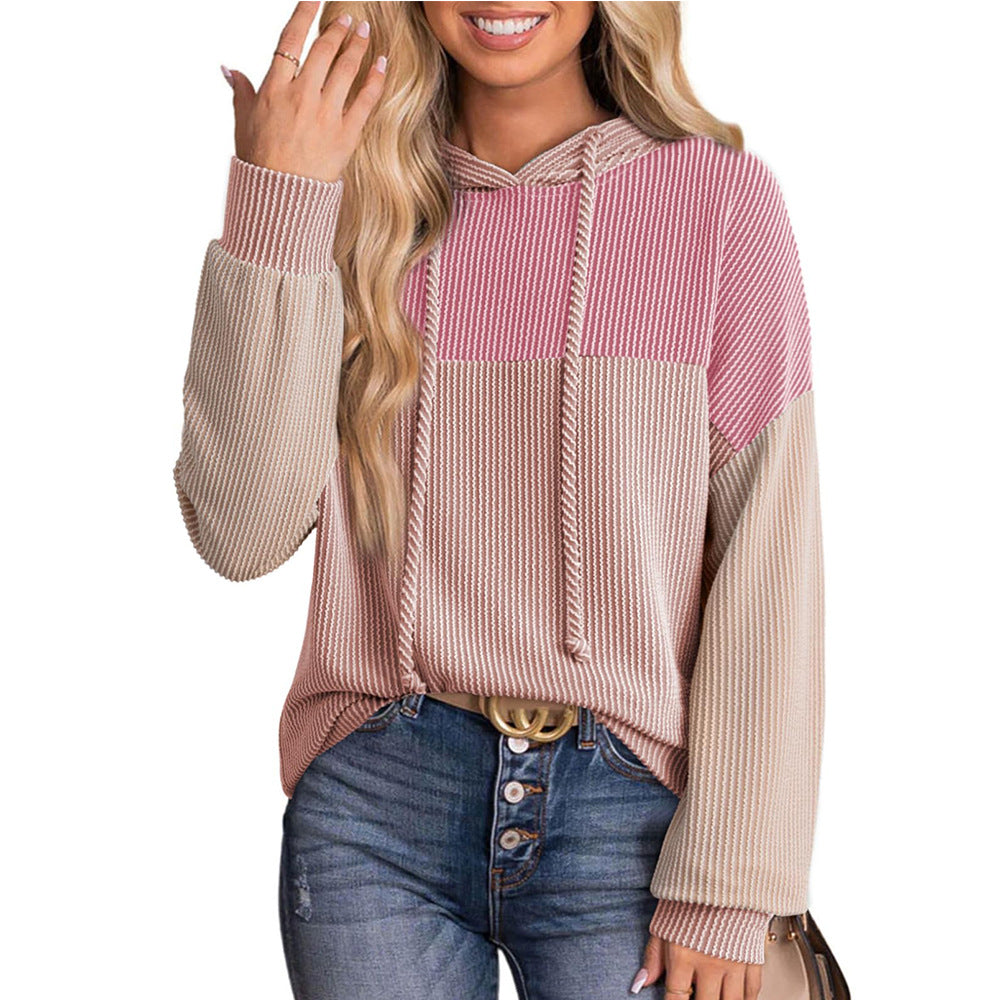 Colorblock Knit Hoodie Pullover Casual Loose Fit Sweatshirt