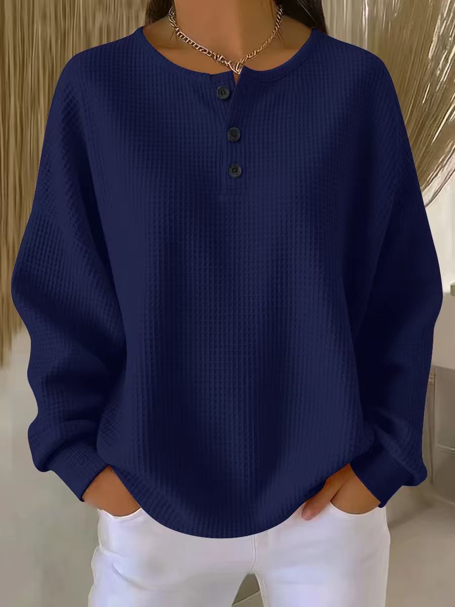 Waffle Knit Henley Top, Oversized Long Sleeve Pullover