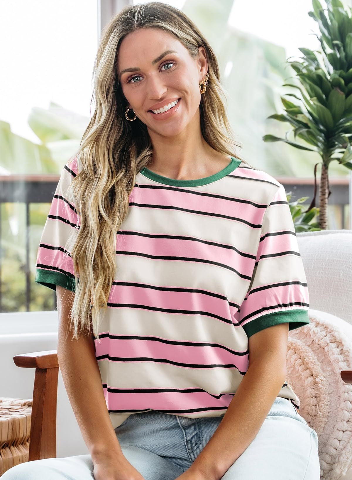 Striped Color Block Short Sleeve Casual Summer Tee