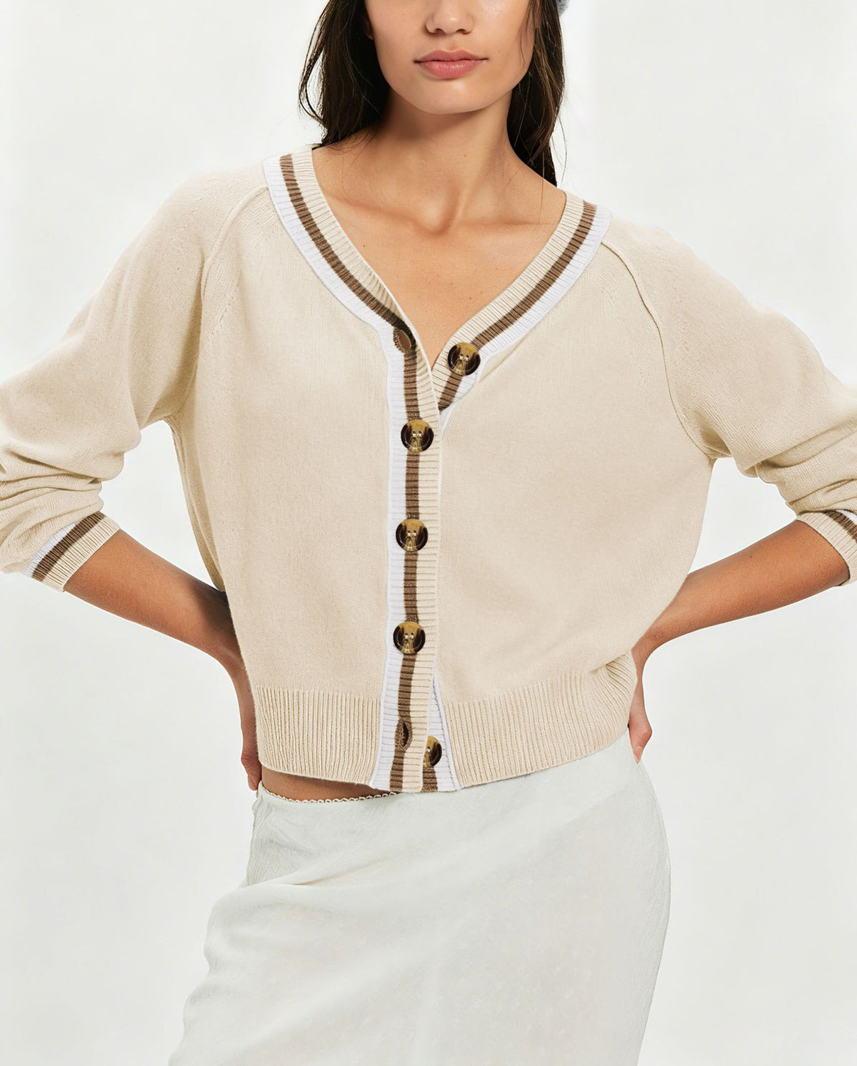 Color Block V Neck Button Front Knit Cardigan Sweater