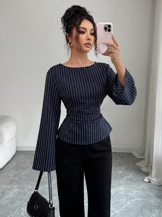 Women's Striped Bell Sleeve Tie Waist Blouse