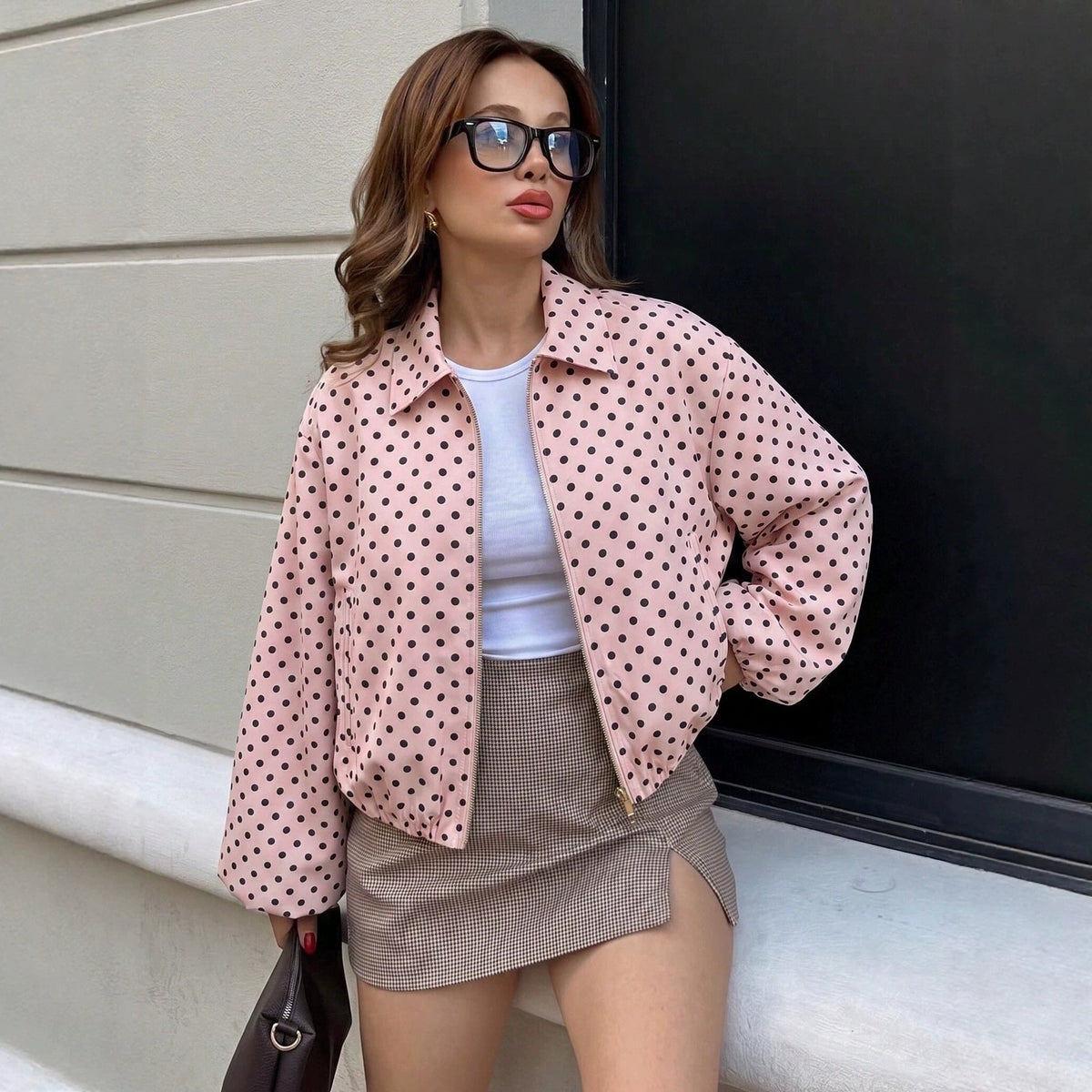 Women's Vintage Polka Dot Cropped Zip-Up Jacket