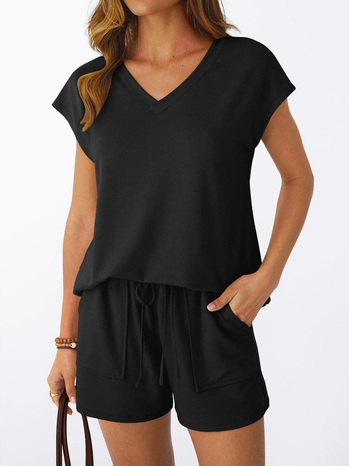 Women’s V Neck Short Sleeve Top and Drawstring Shorts Set Casual Summer Lounge Outfit