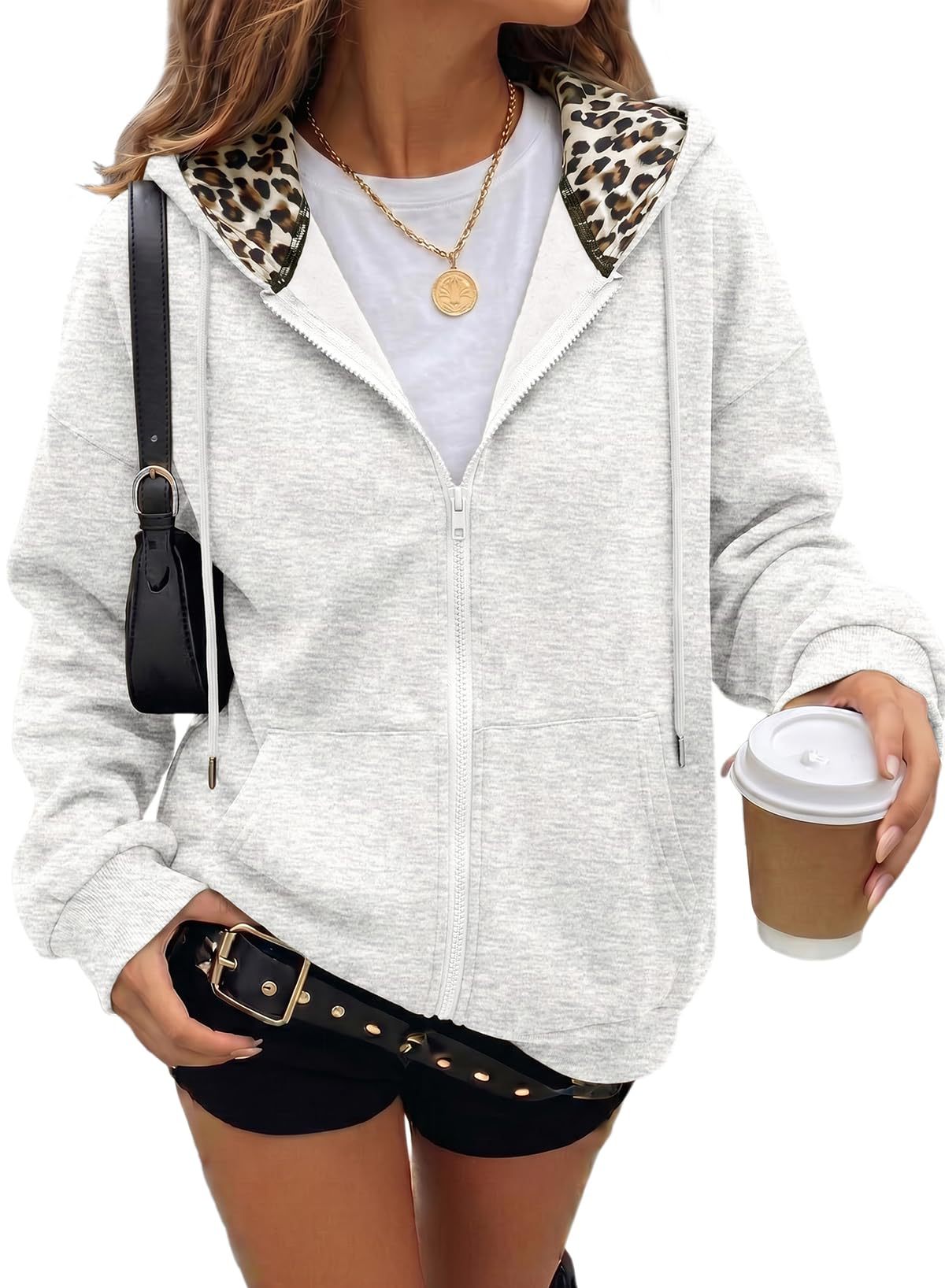 Women's Oversized Leopard Zip Up Hoodie