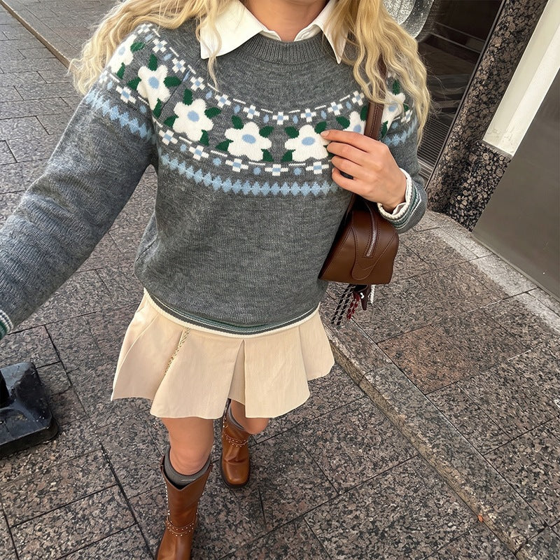 Women's Fair Isle Floral Oversized Crew Neck Sweater