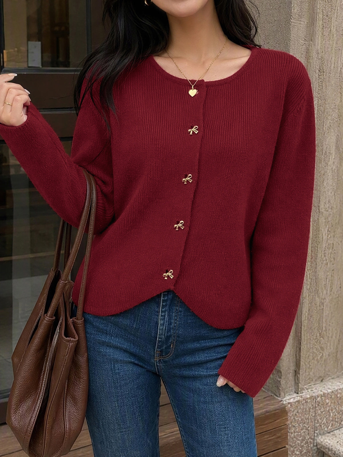 Women's Burgundy Crew Neck Gold Button Cardigan Sweater