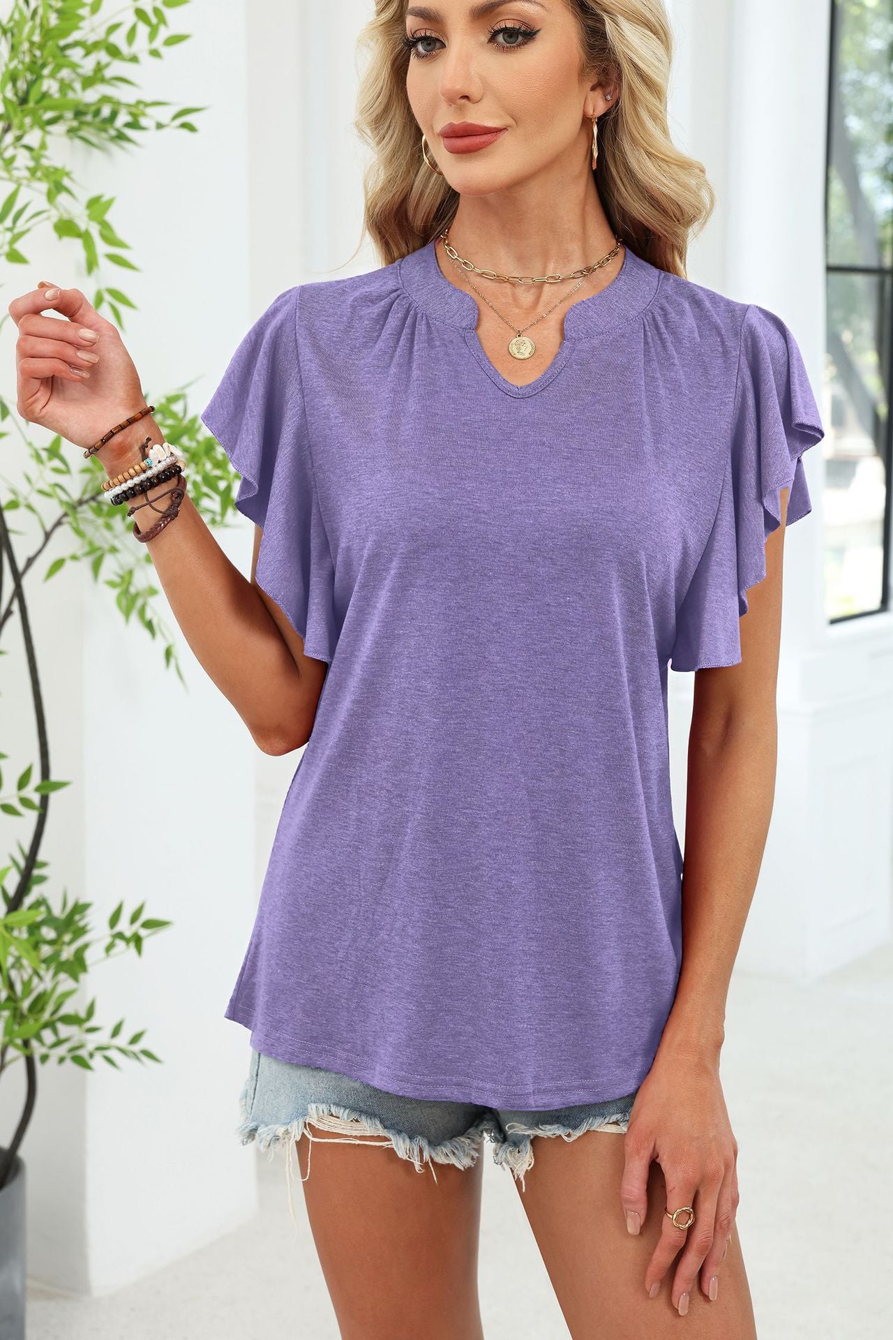 Women's V Neck Flutter Sleeve Loose Fit Casual Summer Tee