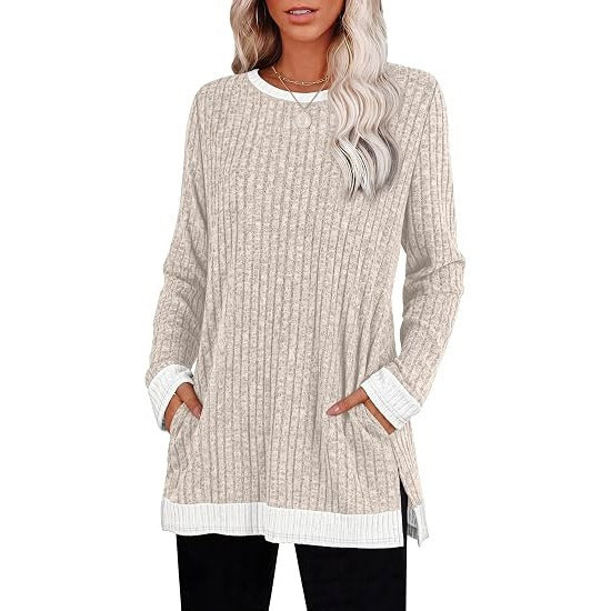 Color Block Ribbed Tunic Top Long Sleeve Pocket Side Slit