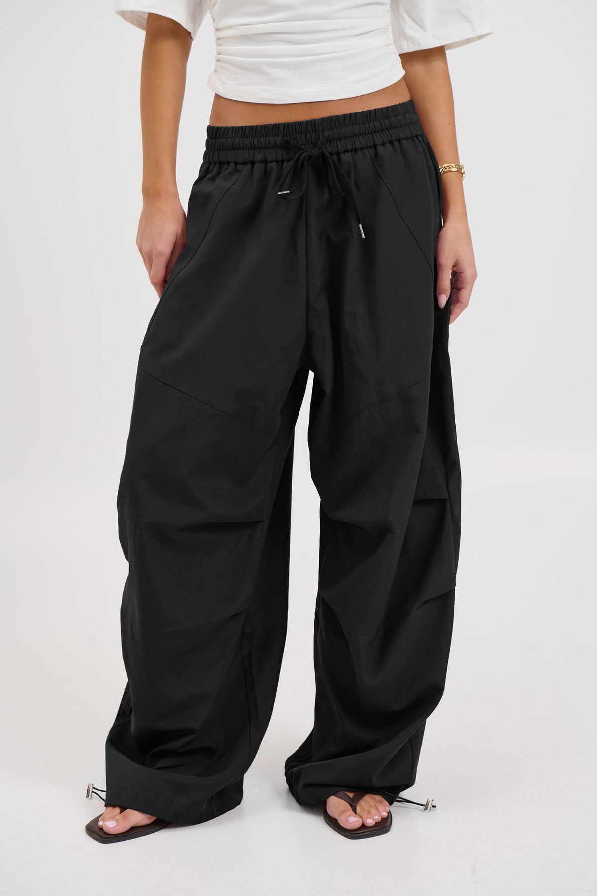 Womens Parachute Cargo Pants Wide Leg Drawstring