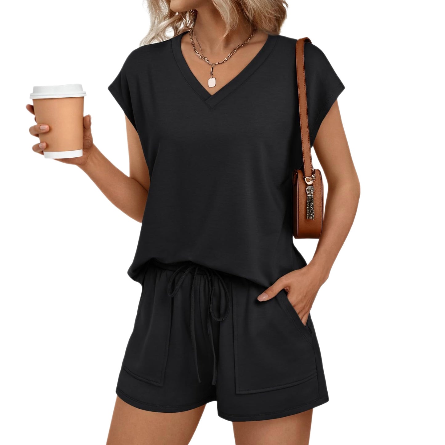 Women’s V Neck Short Sleeve Top and Drawstring Shorts Set Casual Summer Lounge Outfit
