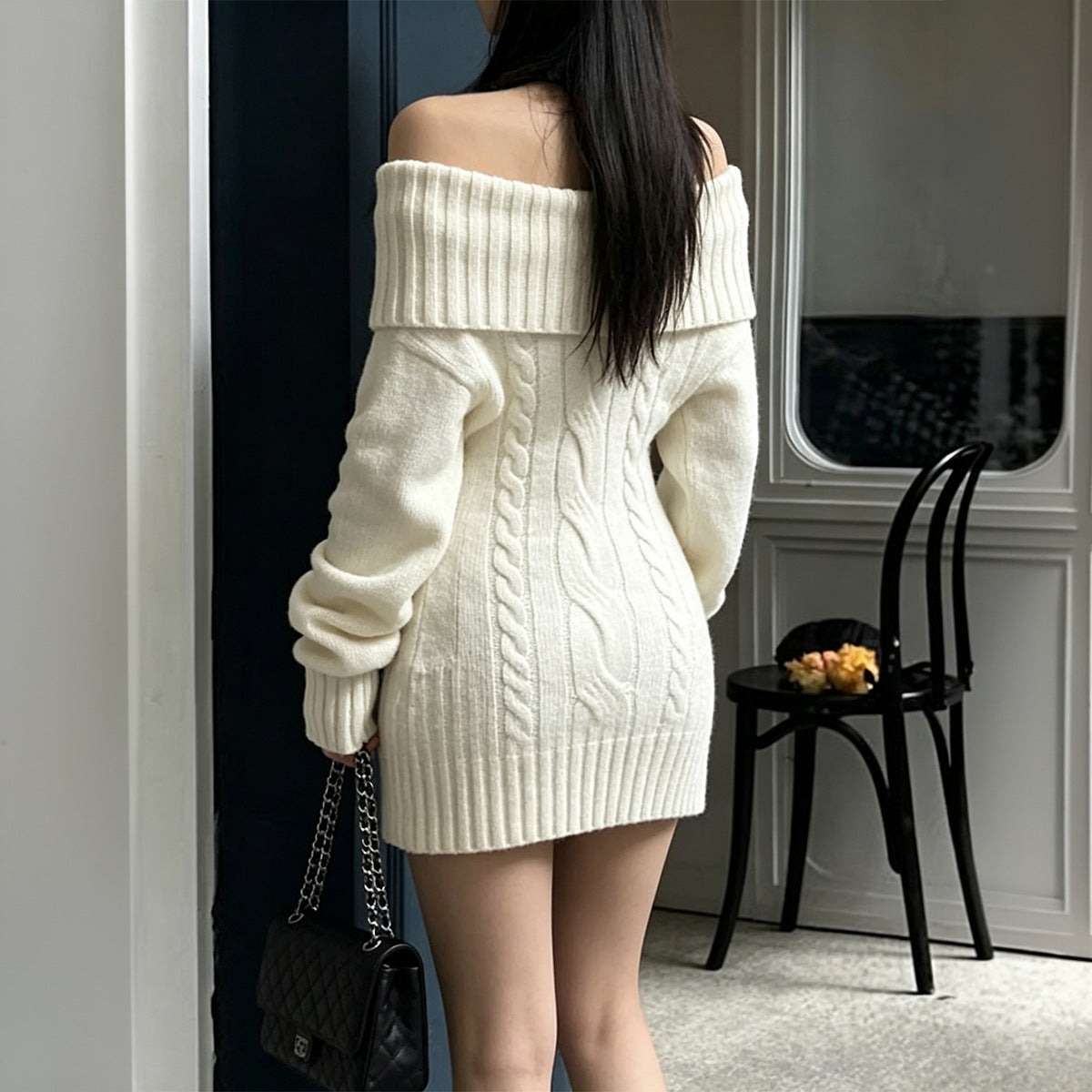 Off Shoulder Cable Knit Bodycon Sweater Dress