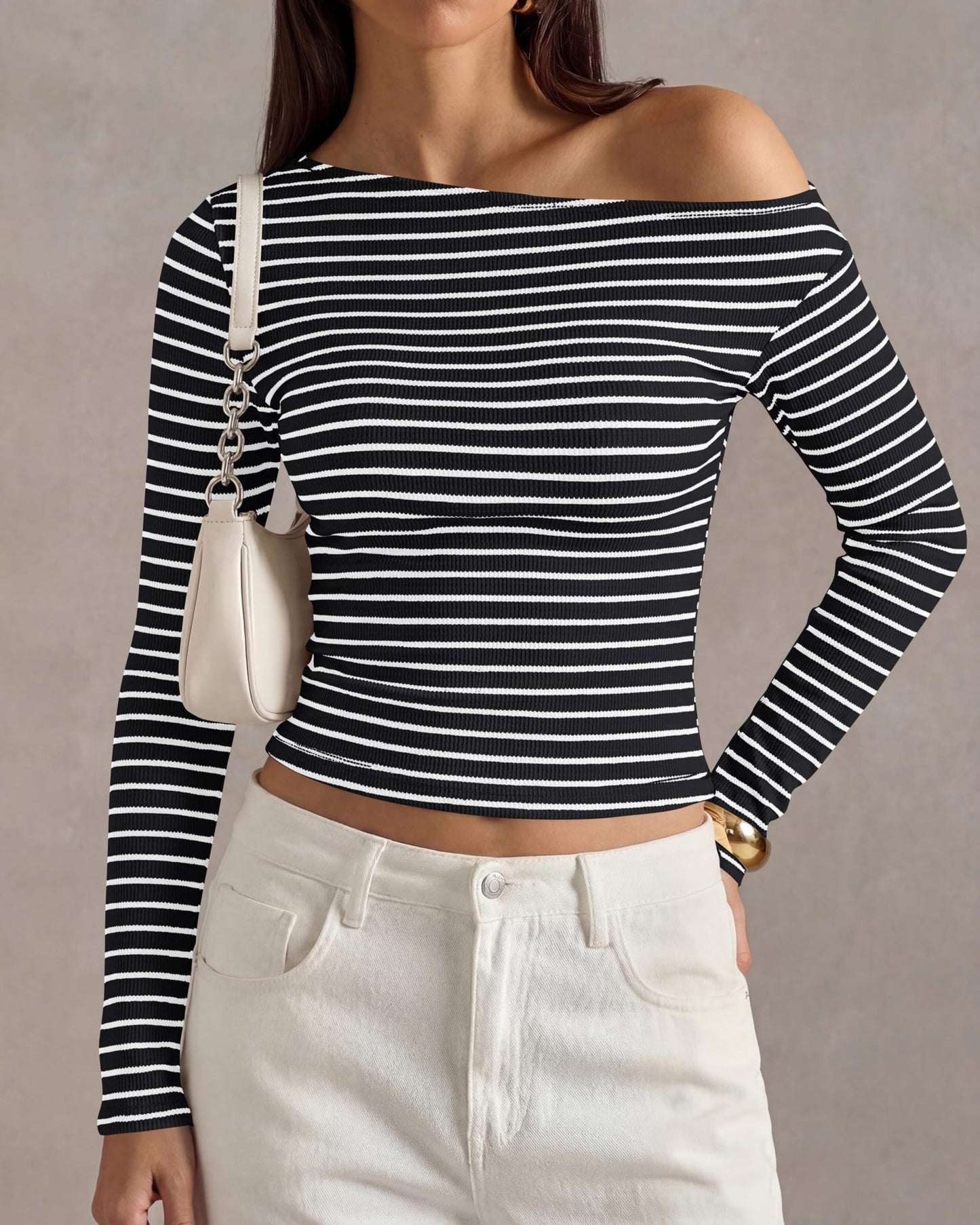 Ribbed Off Shoulder Striped Long Sleeve Knit Top