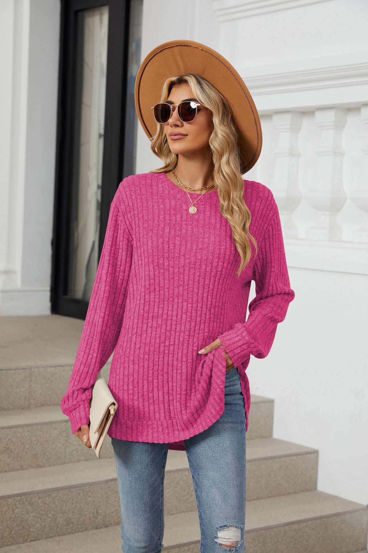 Solid Color Round Neck Long-sleeved Polished Loose T-shirt