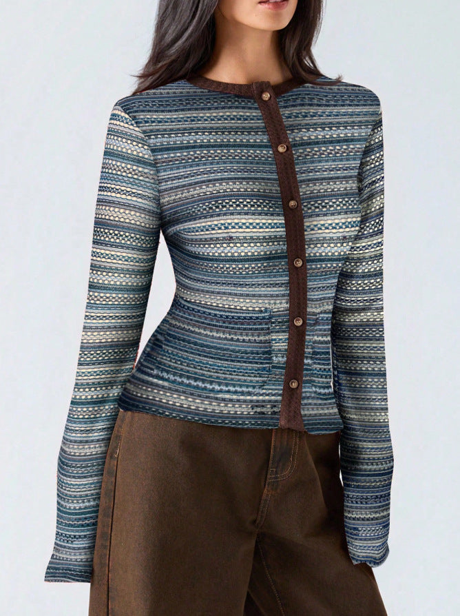 Striped Flare Sleeve Fitted Mock Neck Cardigan