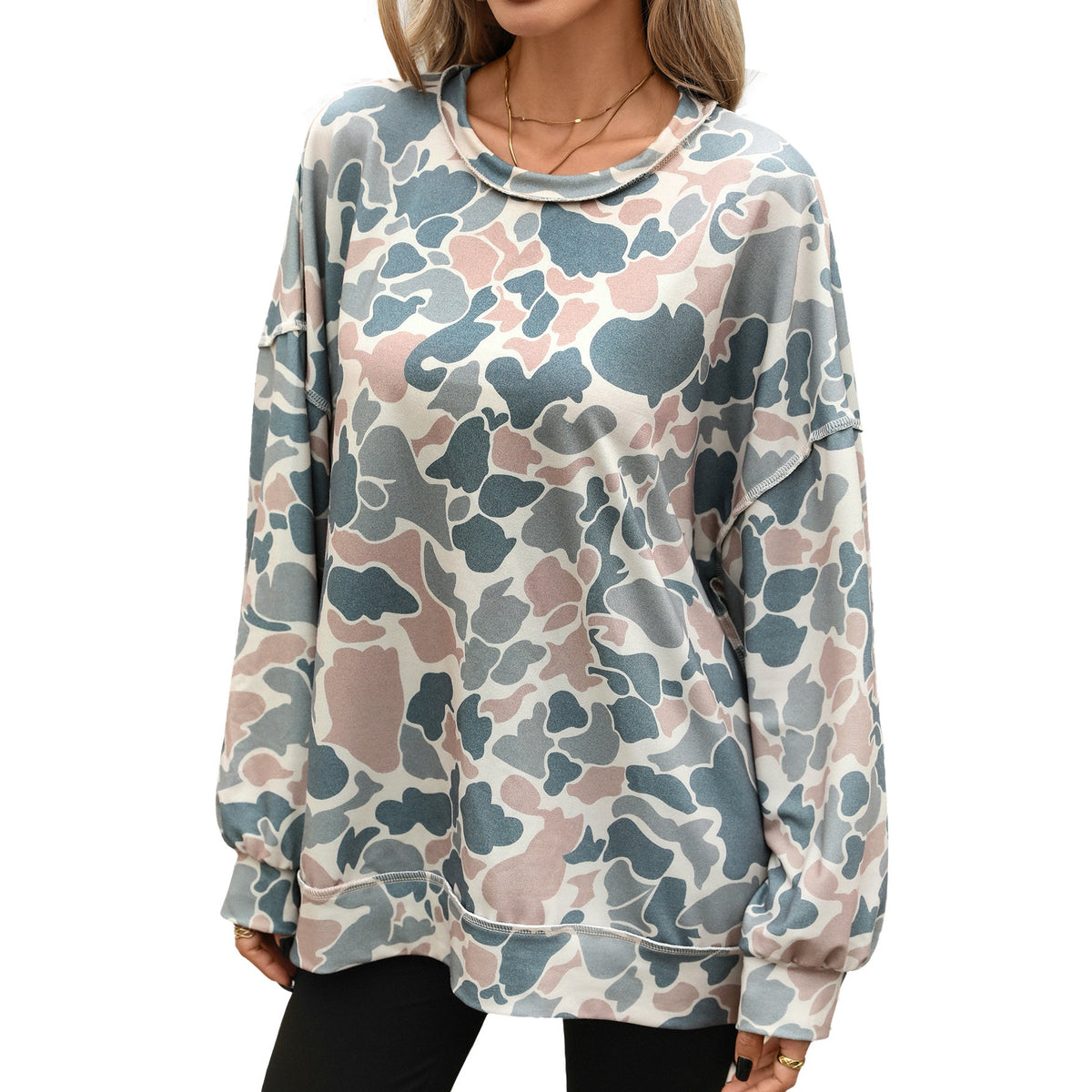 Women's Oversized Camo Crewneck Long Sleeve Sweatshirt