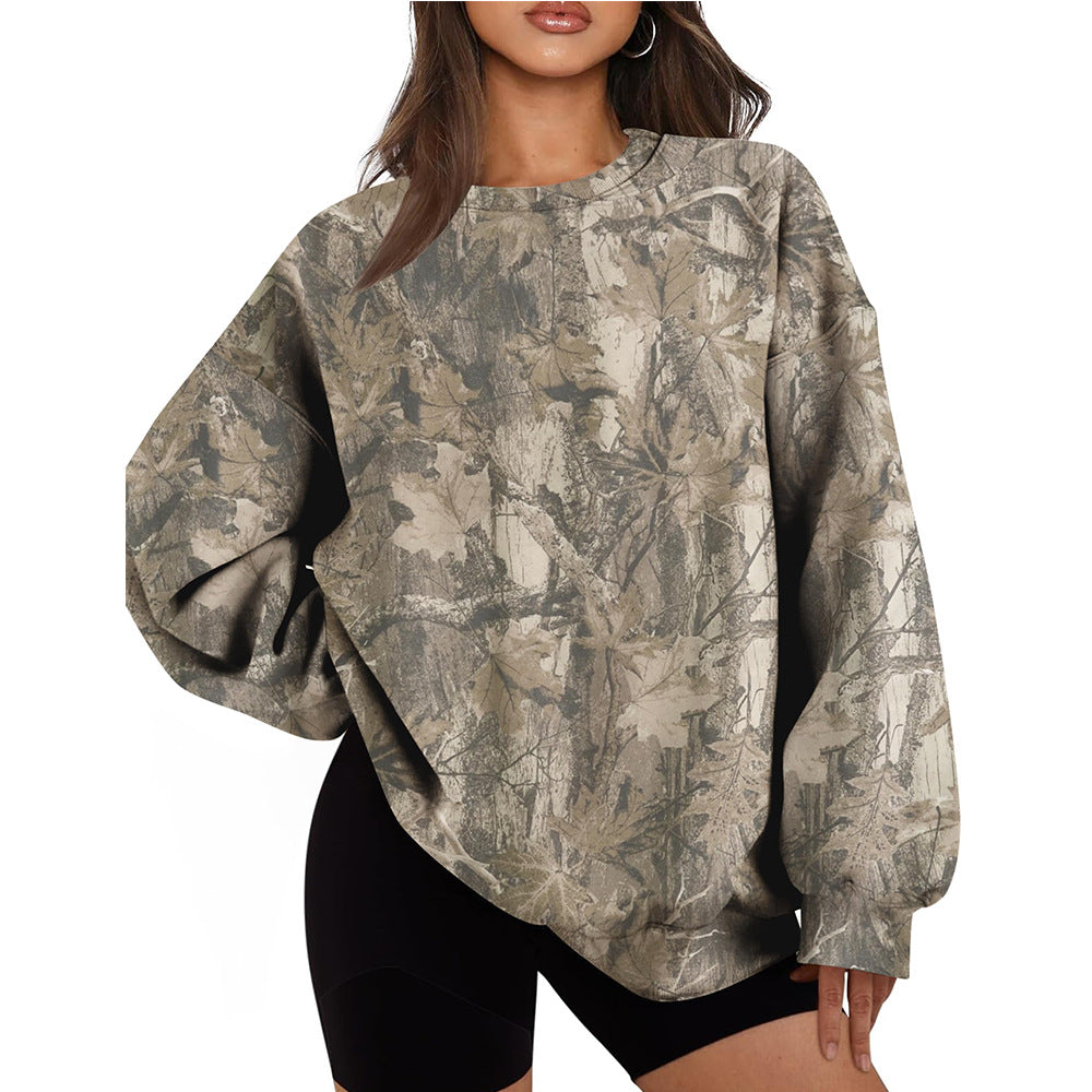 Camo Leaf Print Pullover Sweatshirt Women Oversized Casual Top
