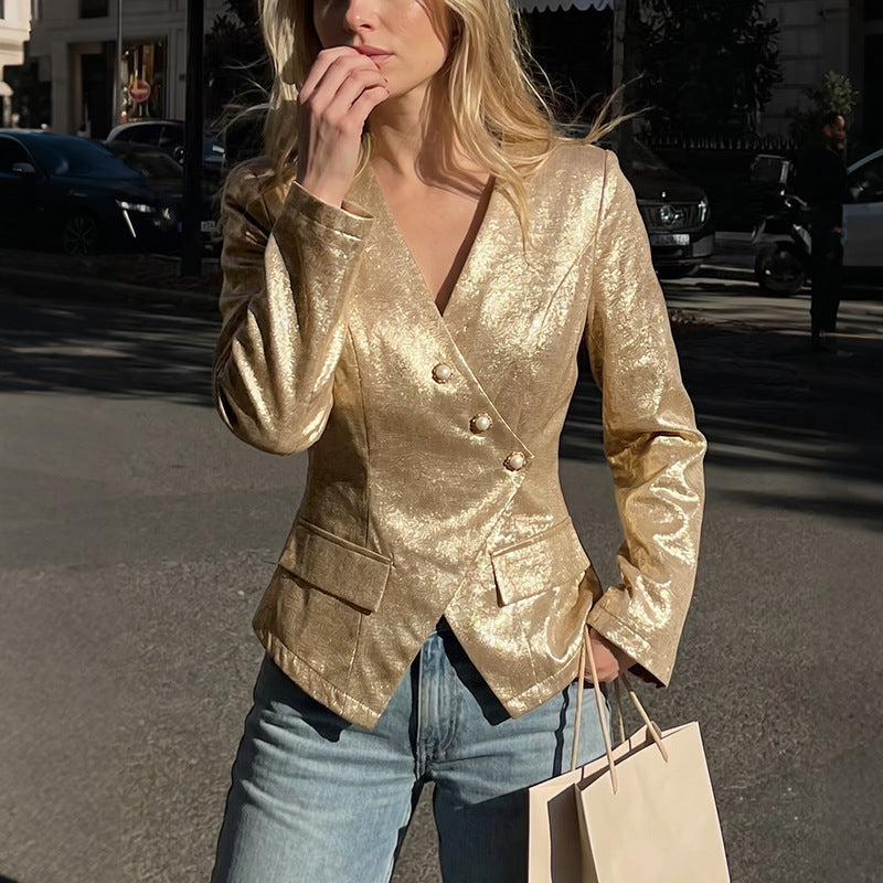 Metallic Gold Single Button Tailored Blazer