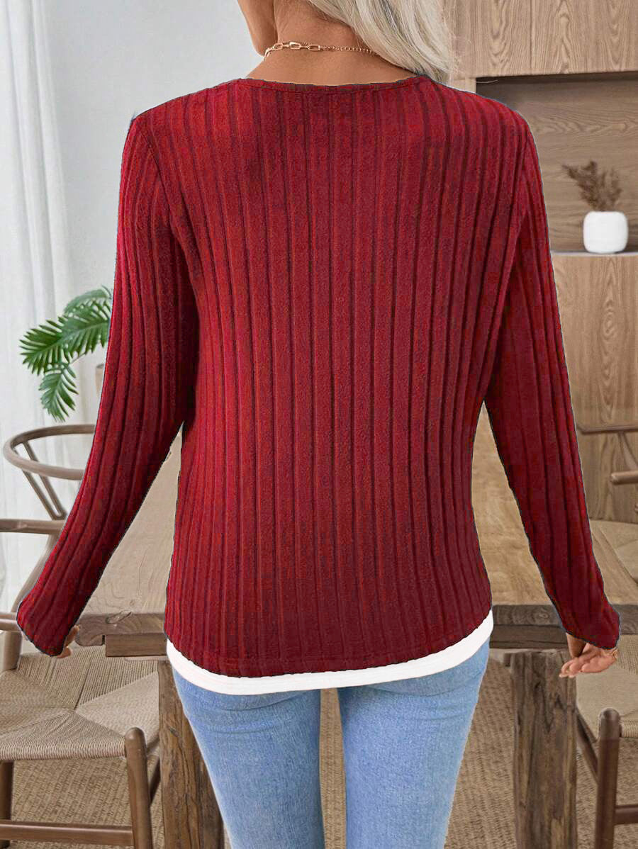 Solid Brushed Knit Top Casual Ribbed Henley Tee