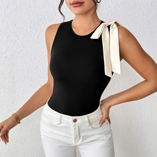 Contrast Bow Bodysuit Sleeveless Slim Chic Romper Top