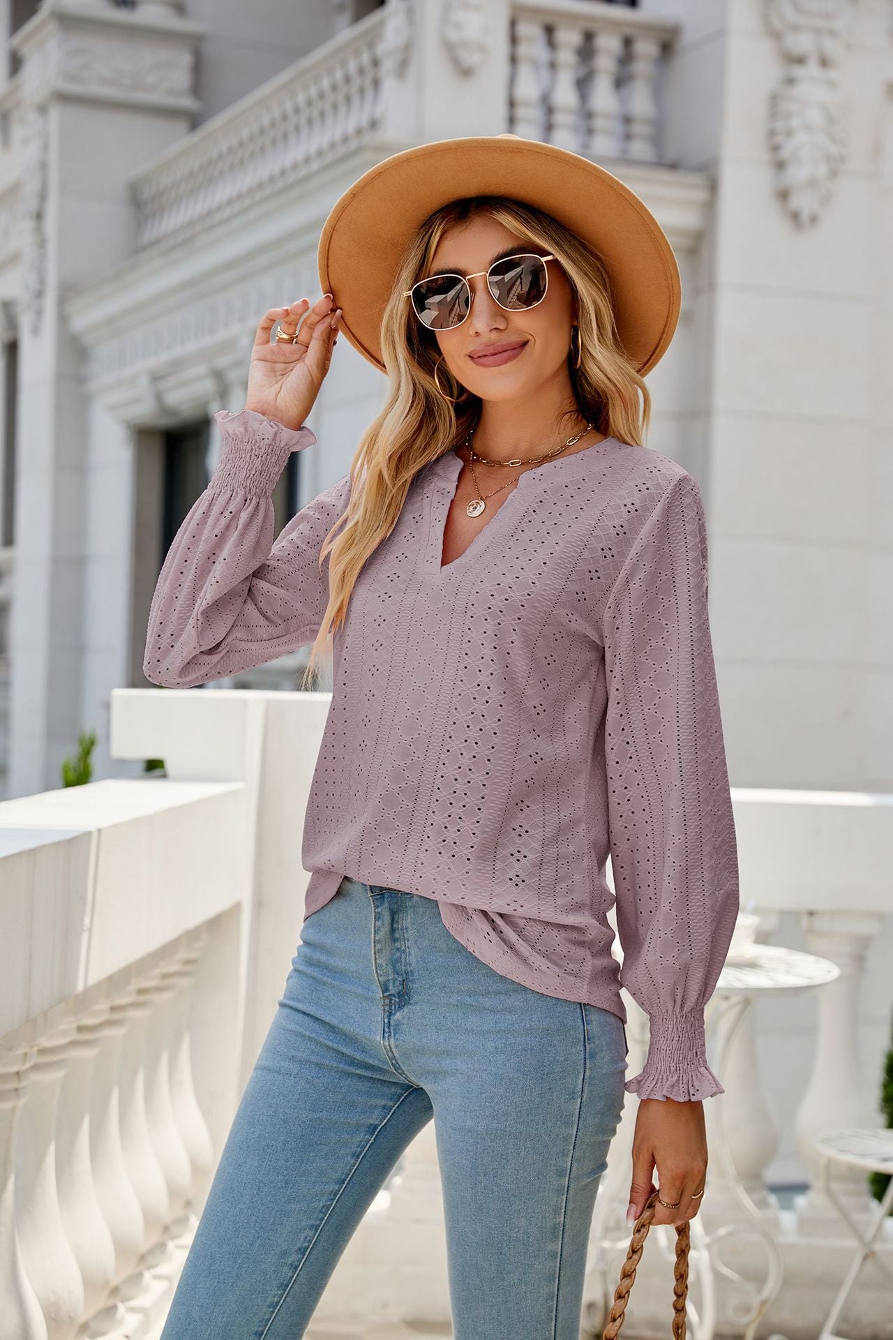 Eyelet V Neck Ruffle Sleeve Casual Long Sleeve Blouse