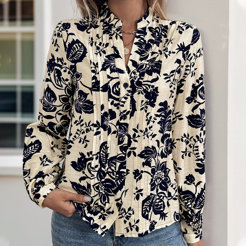 Boho Floral Long Sleeve Blouse Mandarin Collar Top