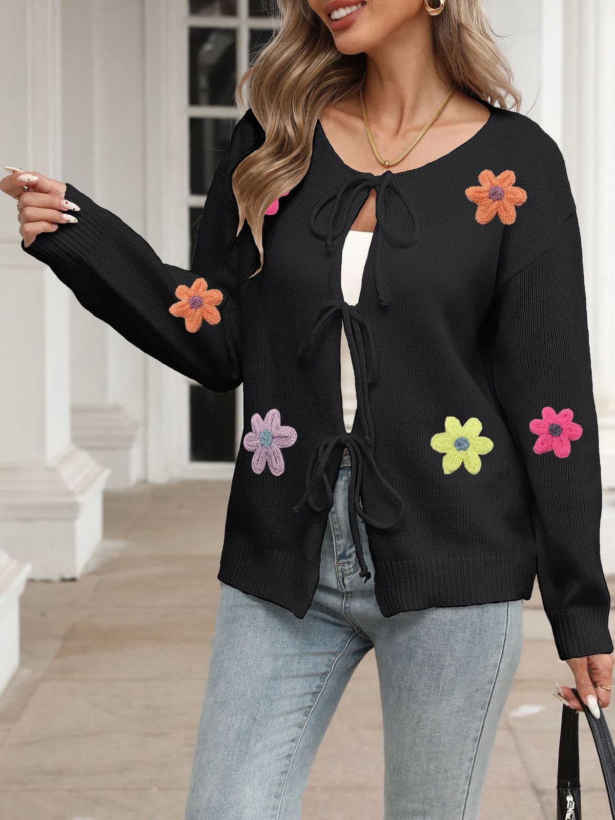 Women's Tie Front Crochet Flower Cardigan