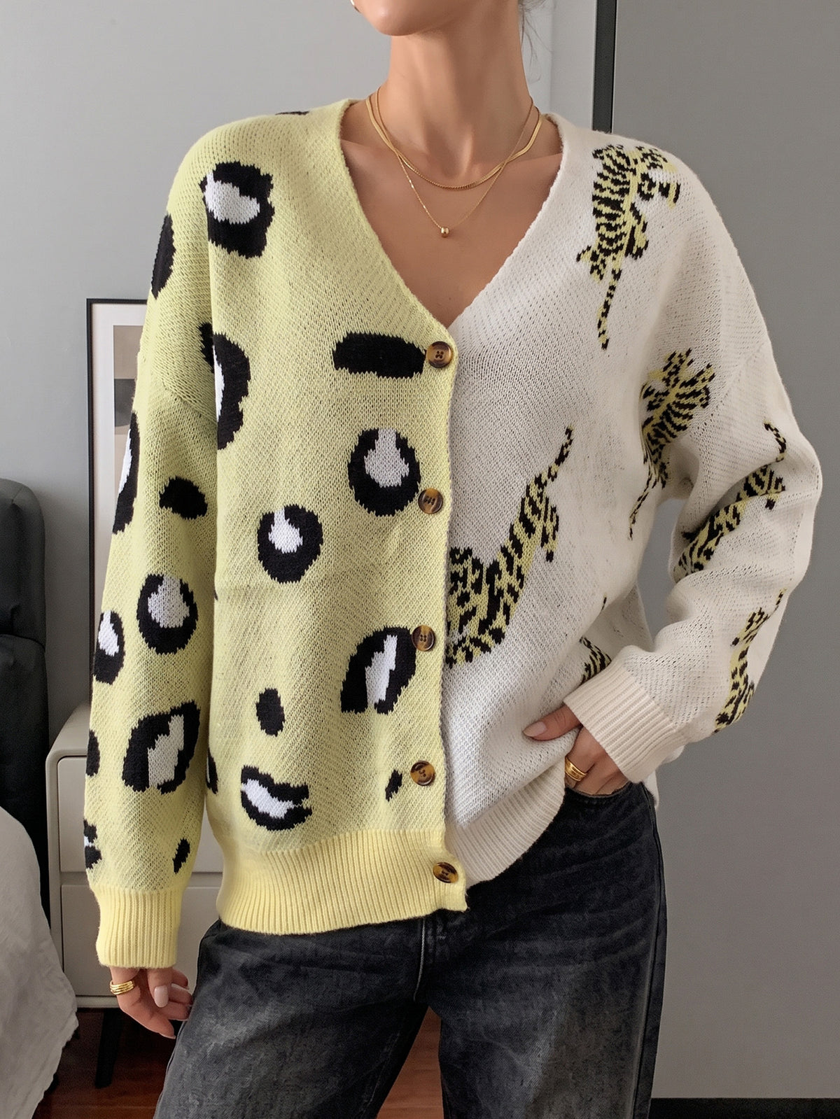 Color Block Leopard Print V-Neck Button Cardigan Sweater