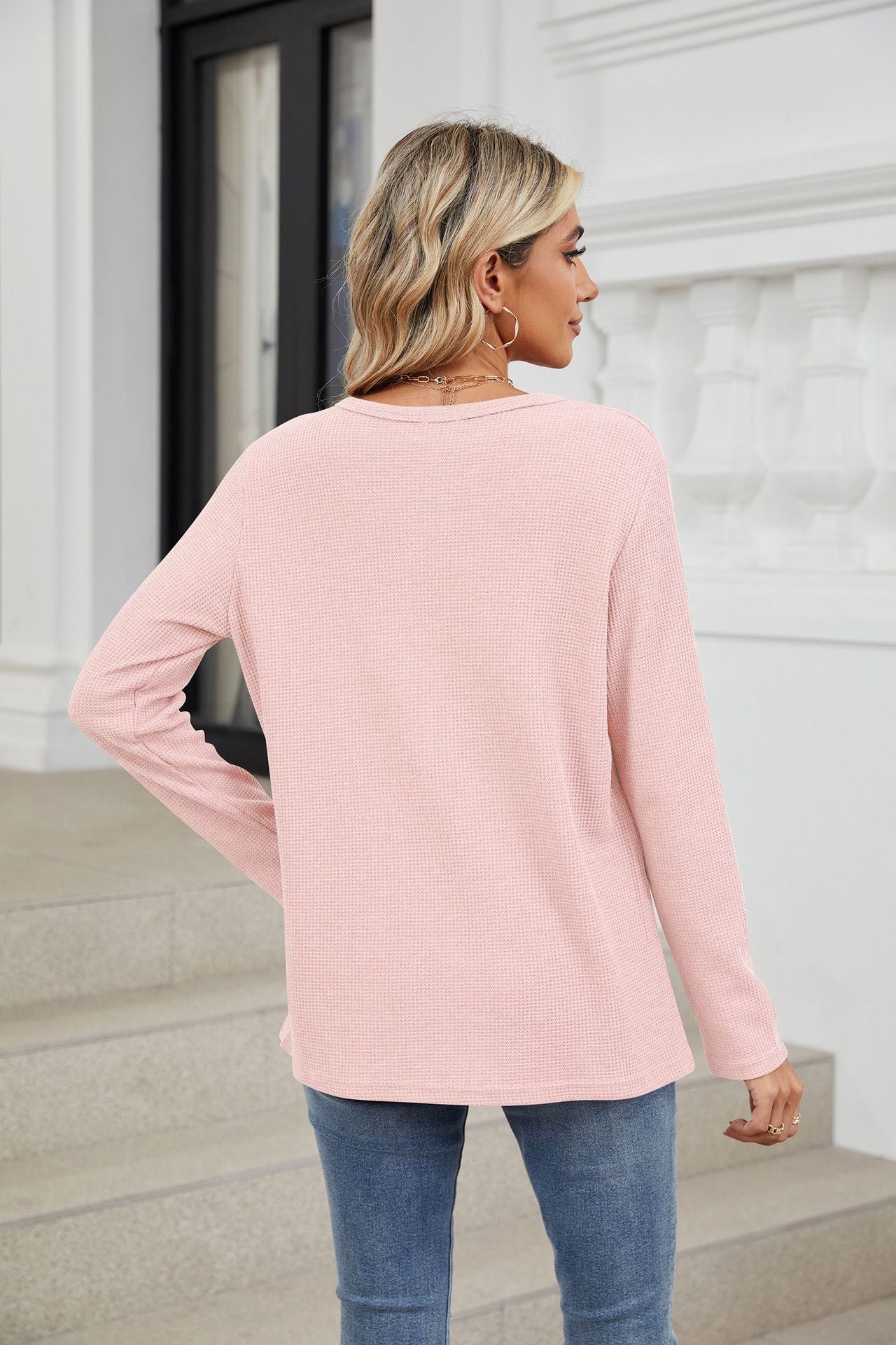 Loose V-neck Long-sleeved Solid Color Casual T-shirt