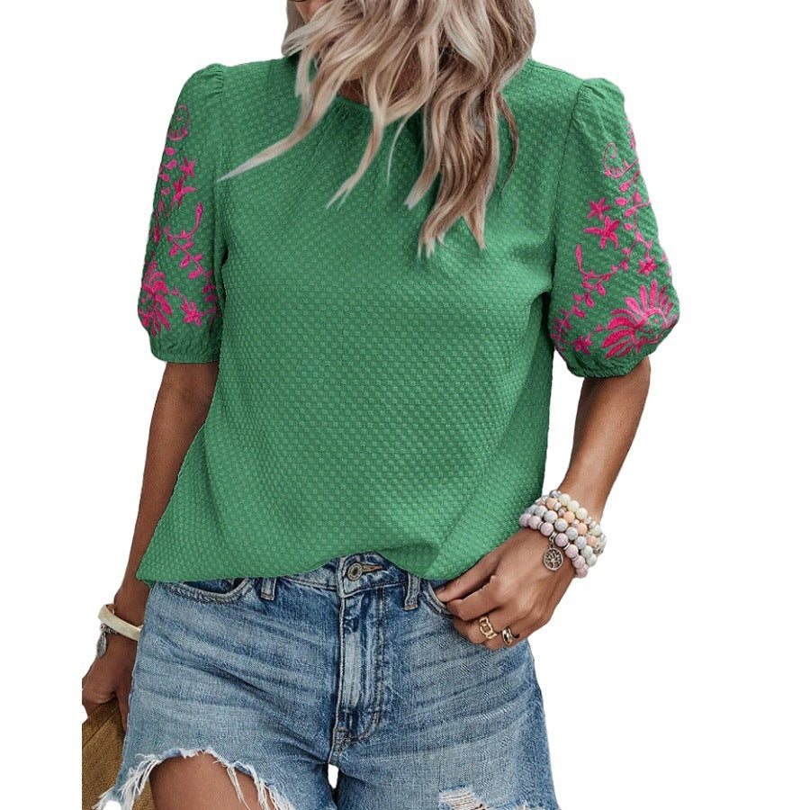 Floral Embroidery Puff Sleeve Casual Summer Top