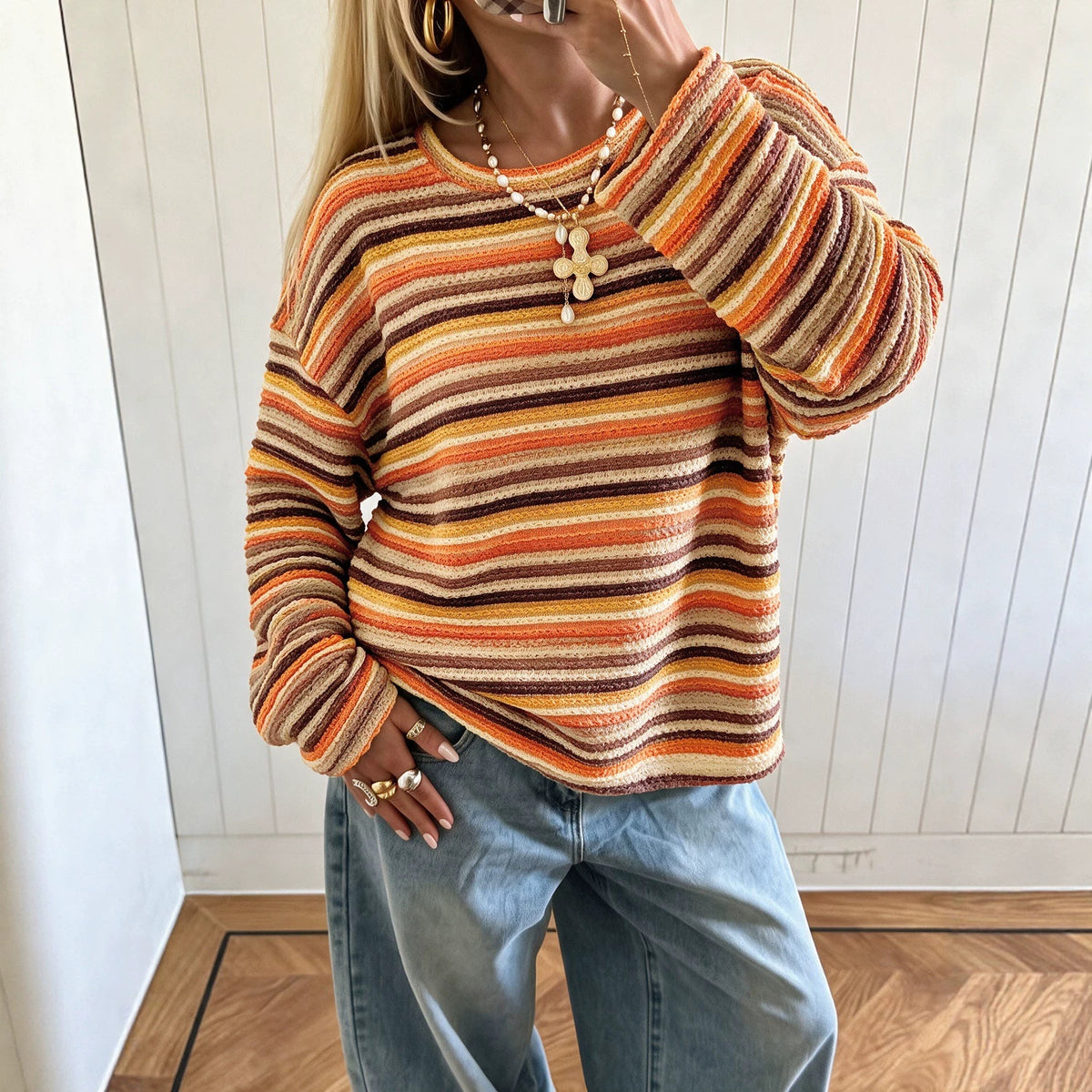 Women's Colorful Striped Knit Sweater Long Sleeve Casual