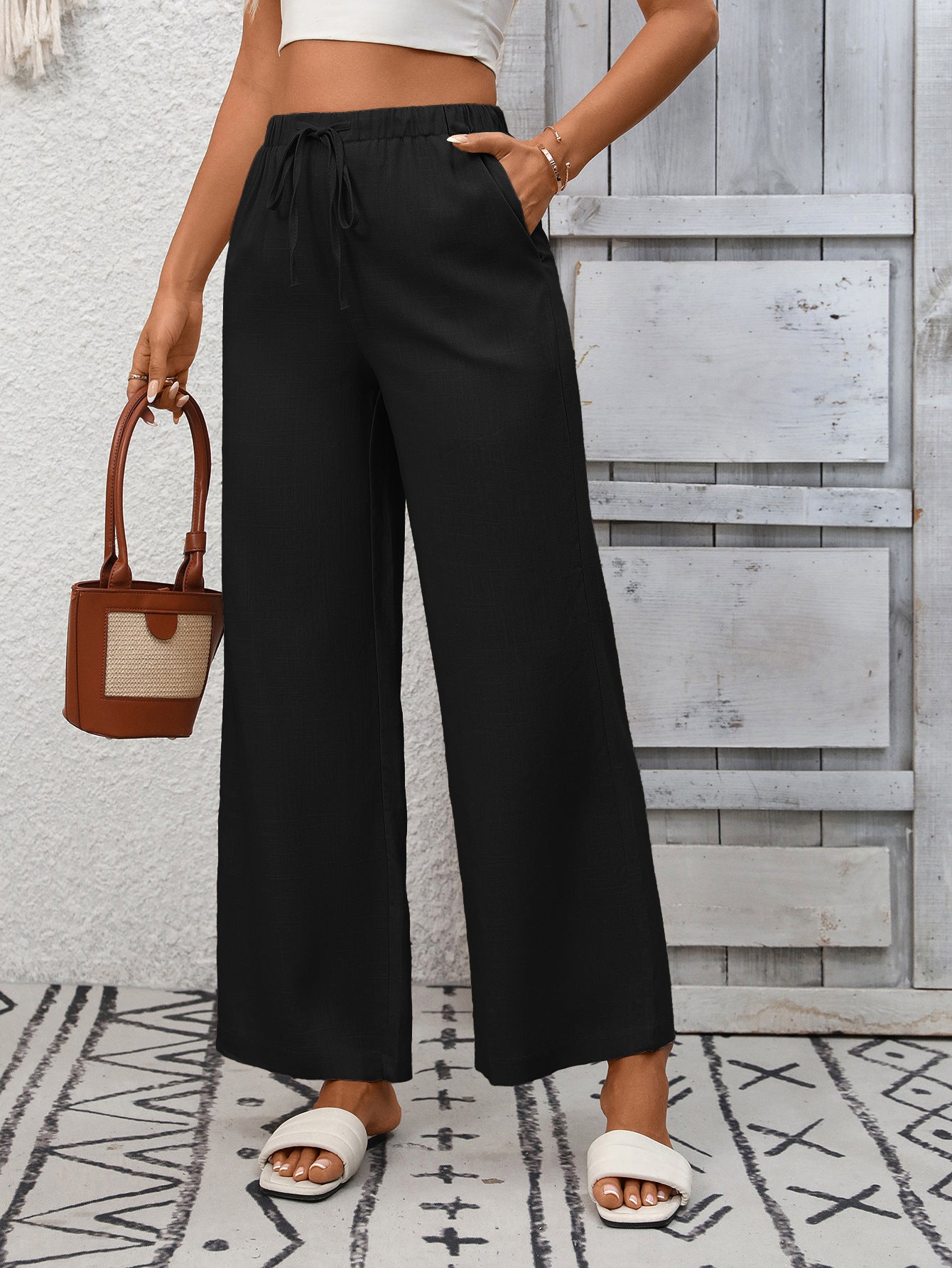 High Waist Cotton Linen Wide Leg Pants with Pockets