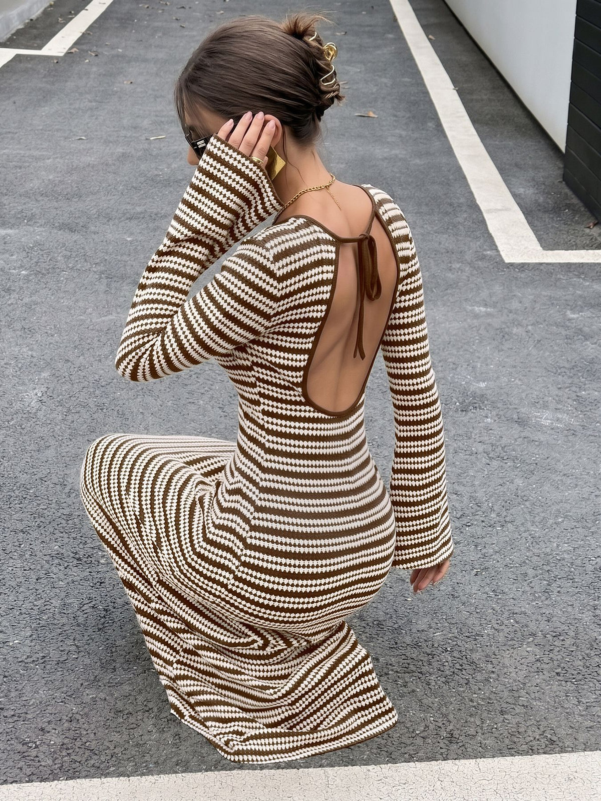 Women's Striped Knit Bodycon Dress Open Back Flare Sleeve