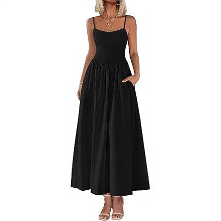Spaghetti Strap Smocked Maxi Dress with Pockets for Summer