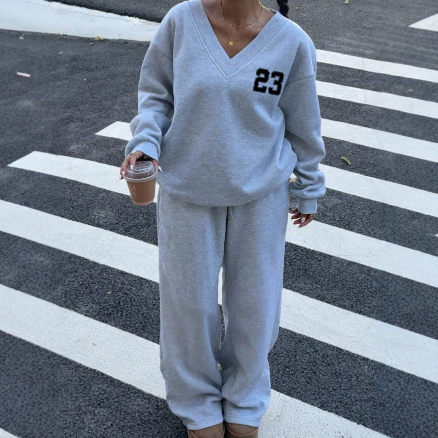 V Neck Graphic Sweatshirt Wide Leg Pants Set