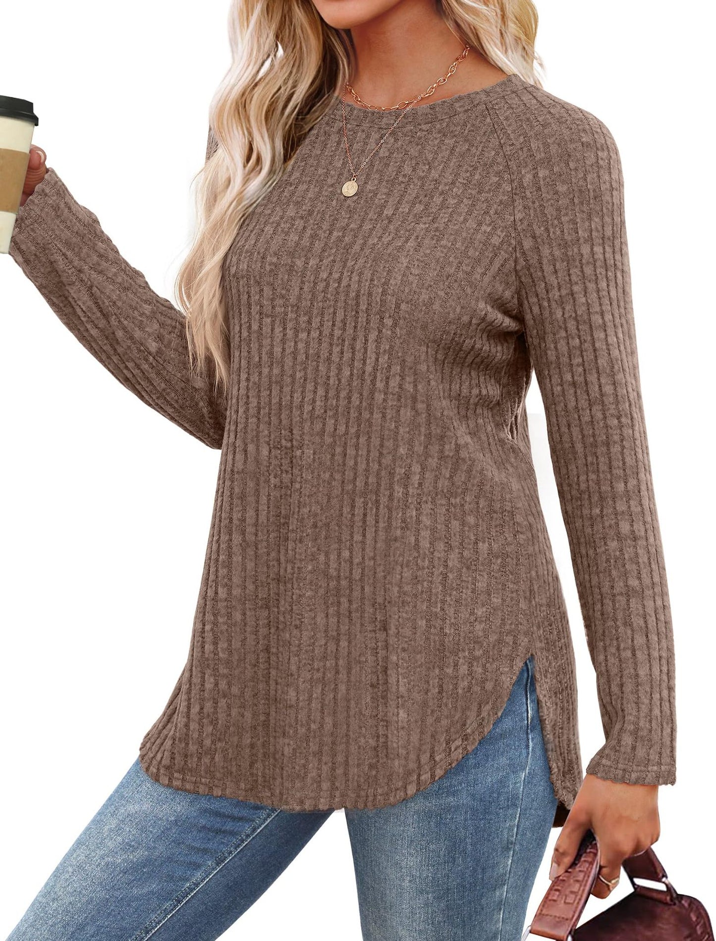 Solid Ribbed Knit Tunic Top Curved Hem Long Sleeve