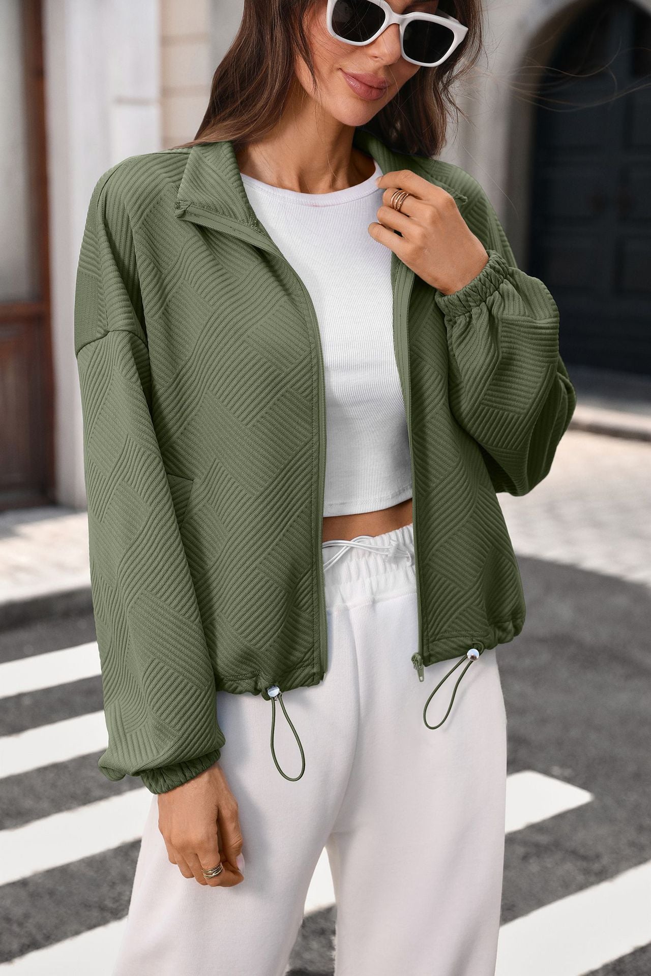 Solid Textured Corduroy Jacket Zip Front Casual Layering