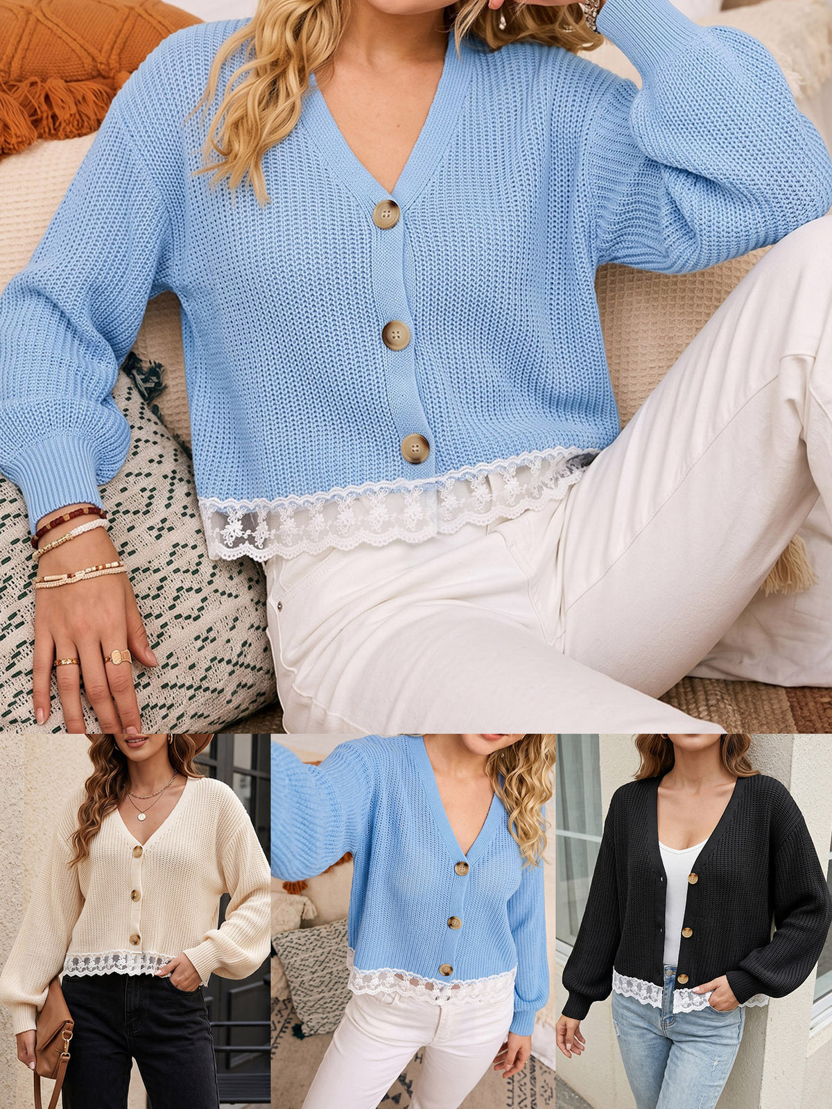 Women's Lace Hem Cropped Cardigan V Neck Knit Sweater