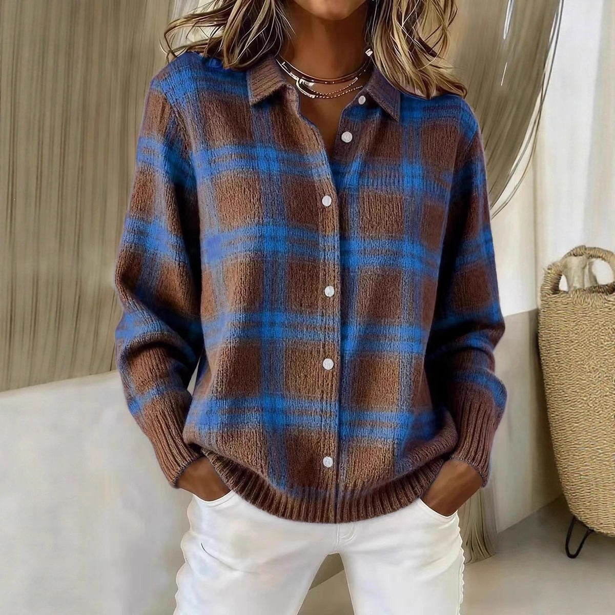 Plaid Knit Shirt Cardigan for Women, Relaxed Button-Up