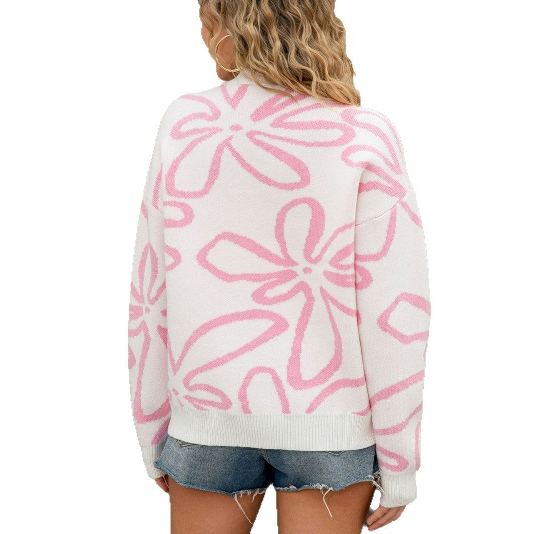 Floral Outline Crewneck Knit Sweater – Soft & Cozy Fall Style