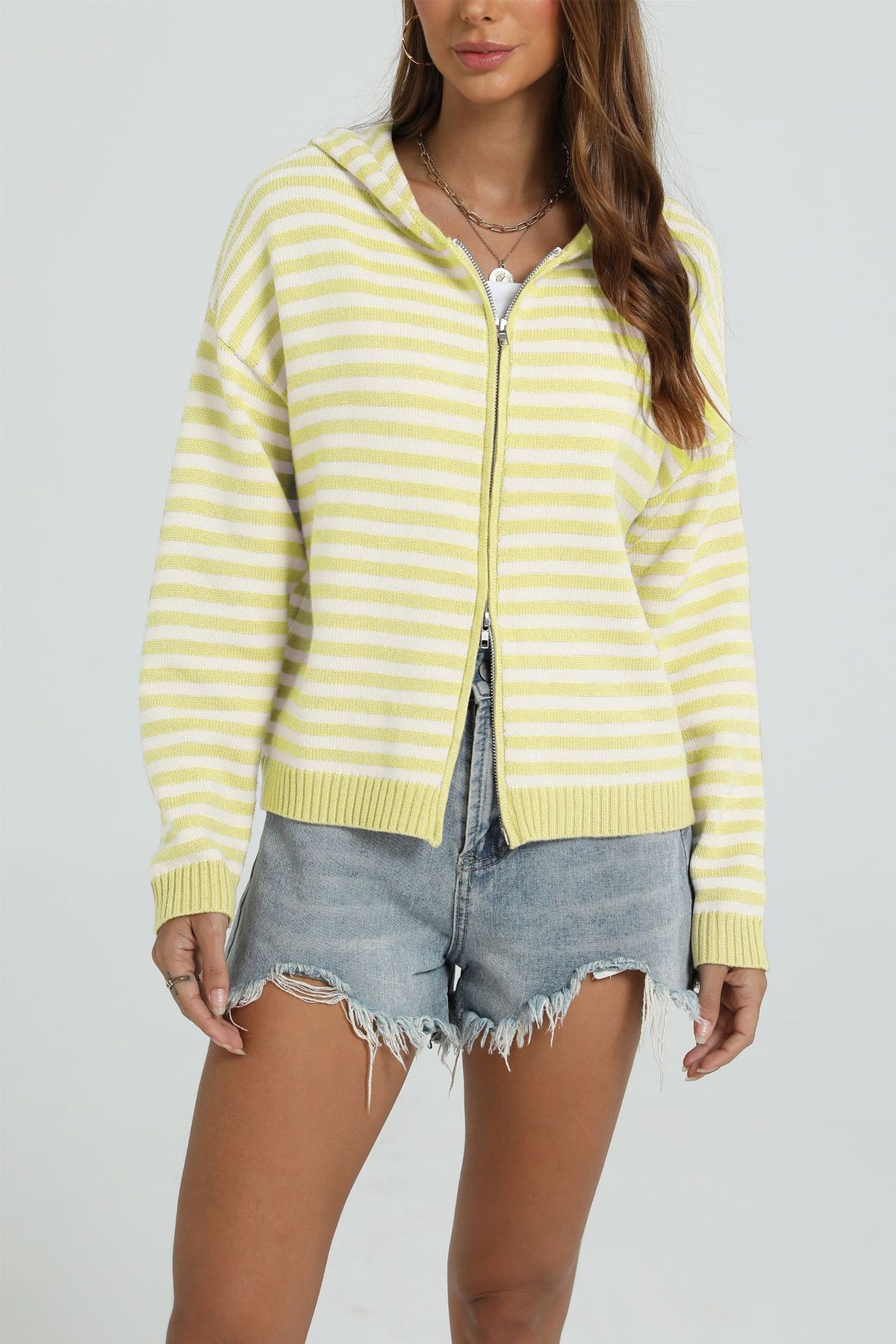 Women's Striped Hooded Zip-Up Cardigan Sweater