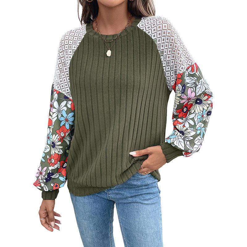 Floral Patchwork Sleeve Knit Top Round Neck Pullover