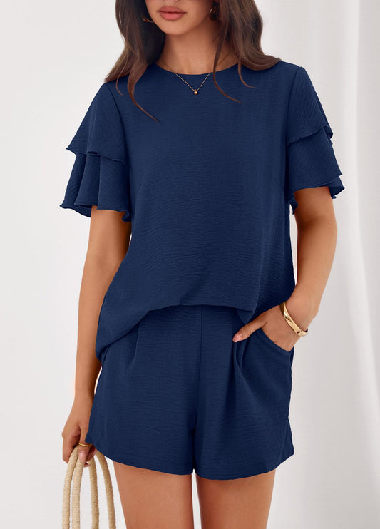 Casual Solid Ruffle Sleeve Short Set Lounge Outfit