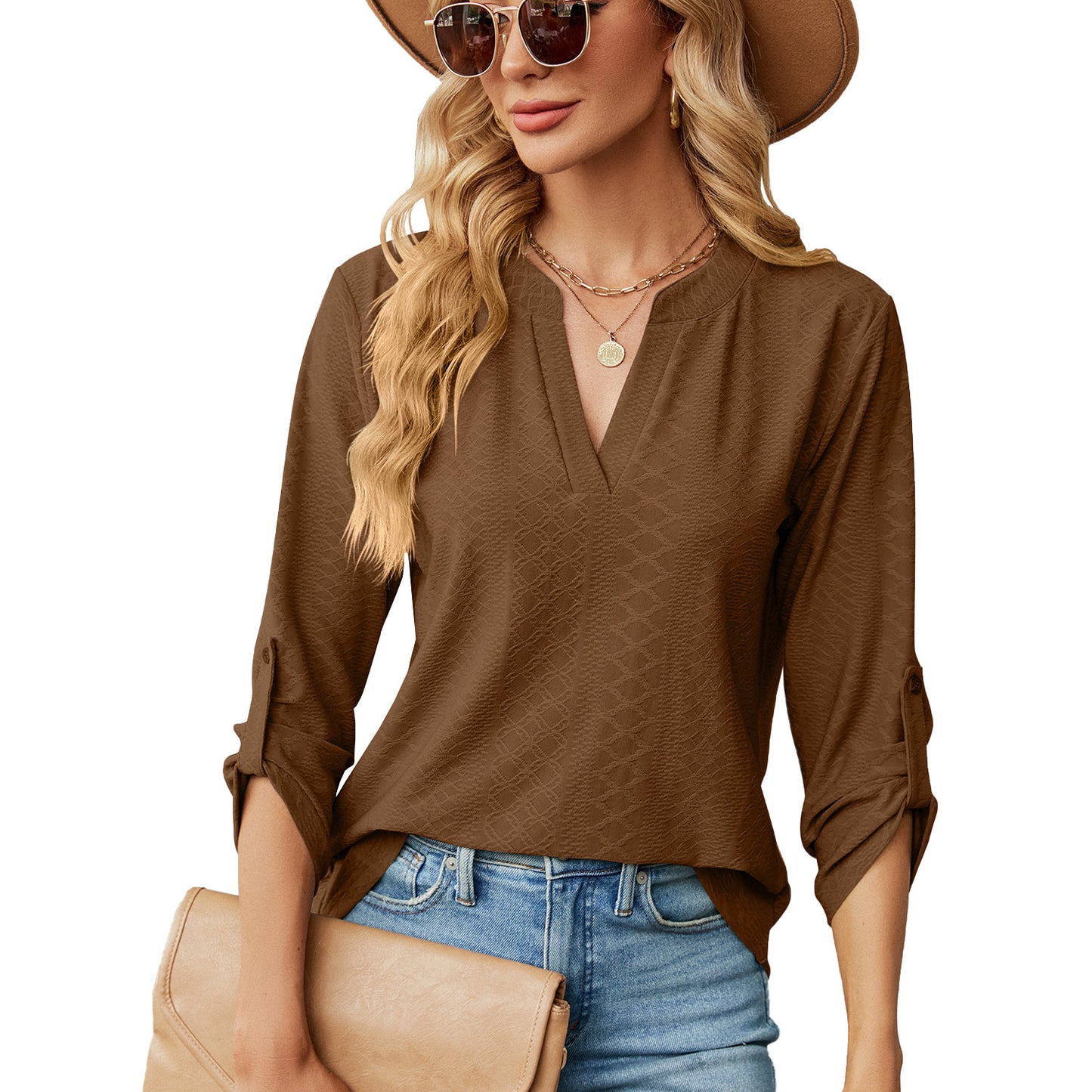 Women's V Neck 3/4 Sleeve Button Loose Fit Blouse Top