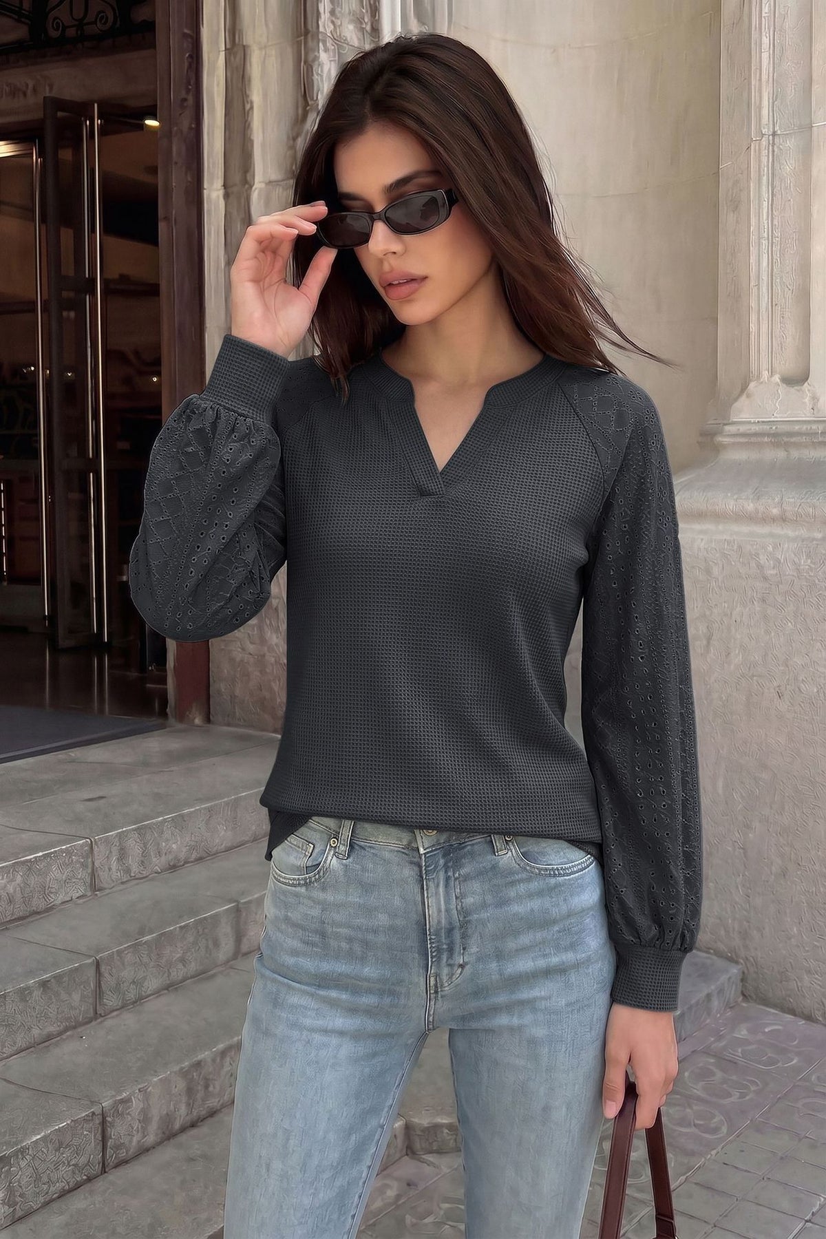 Waffle Knit V-Neck Eyelet Balloon Sleeve Casual Top