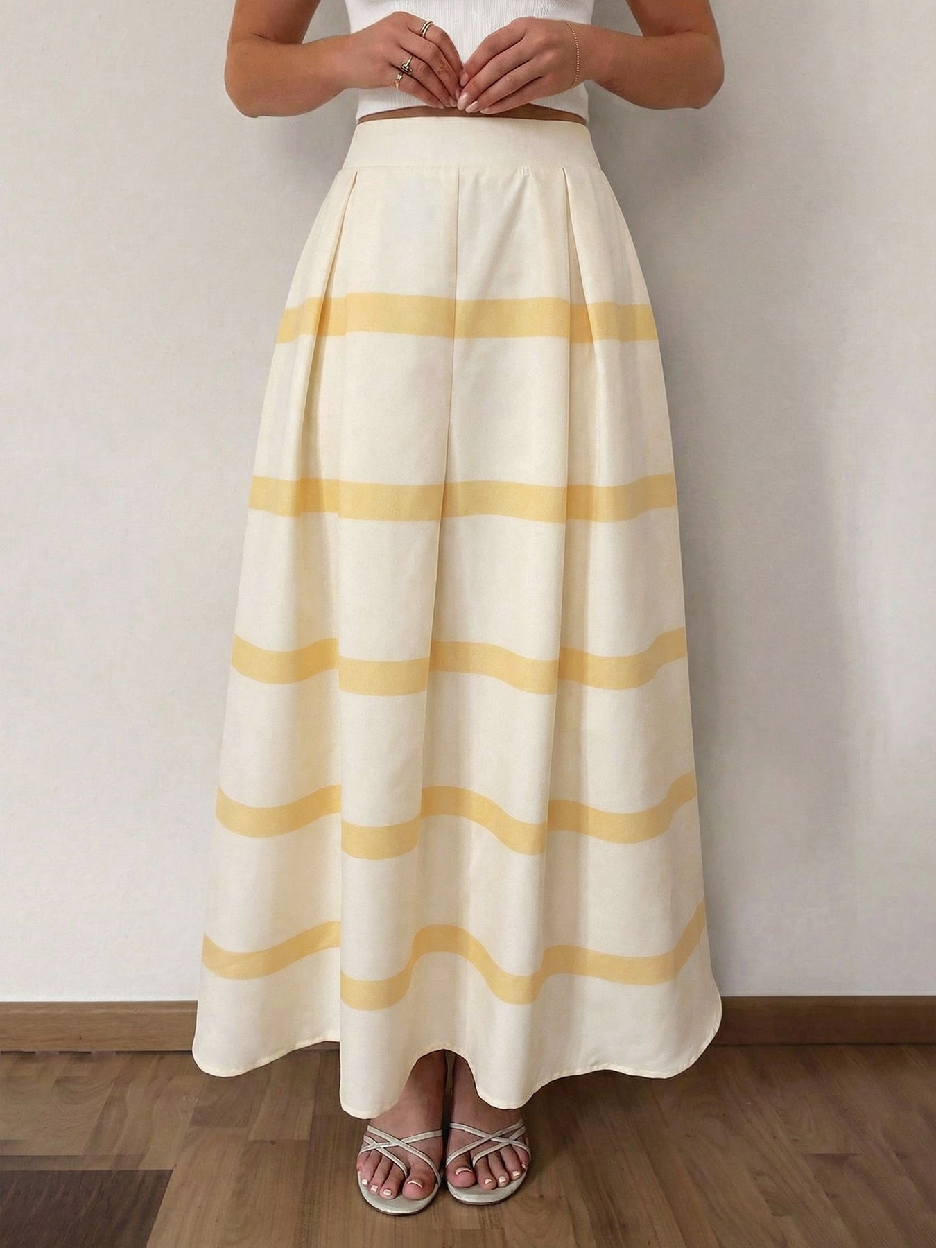 Women High Waist Stripe Pleated Maxi Skirt