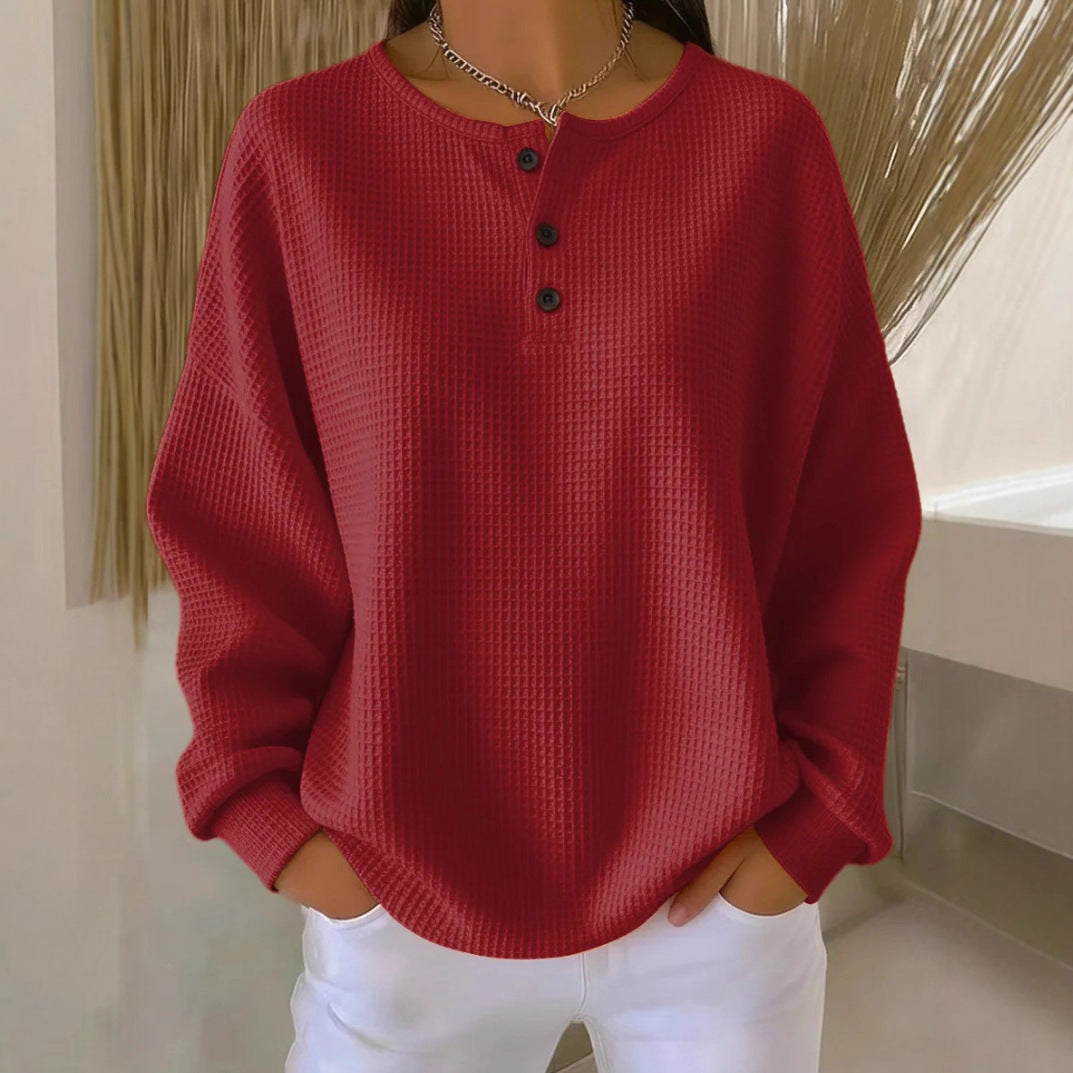 Waffle Knit Henley Top, Oversized Long Sleeve Pullover