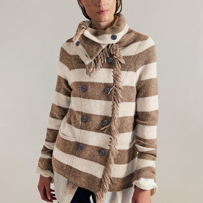 Oversized Striped Fringe Turtleneck Cardigan Sweater