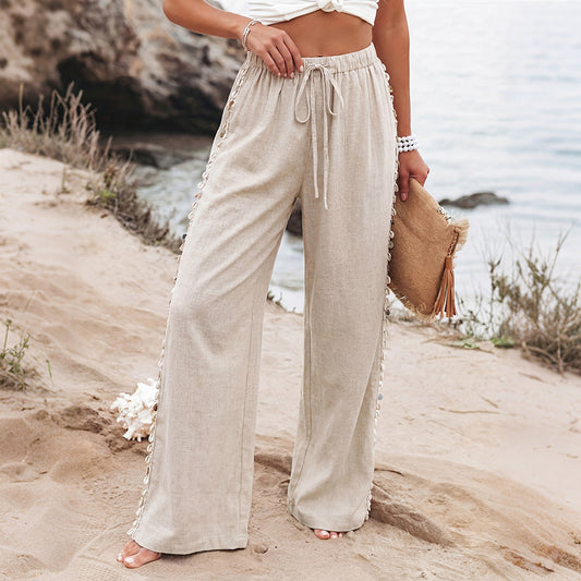 Boho Linen Wide Leg Pants Beach Drawstring Shell Trim
