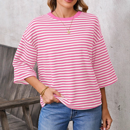 Womens Striped Top Loose Fit Short Sleeve Casual Tee